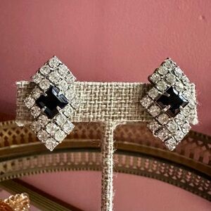 1970's Art Deco Glitz Crystal Rhinestone and Black Glass Black Tie Earrings